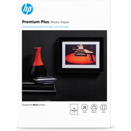 HP Papier photo Premium Plus, finition satinée, 300 g/m2, A4 (210 x 297 mm), 20 feuilles